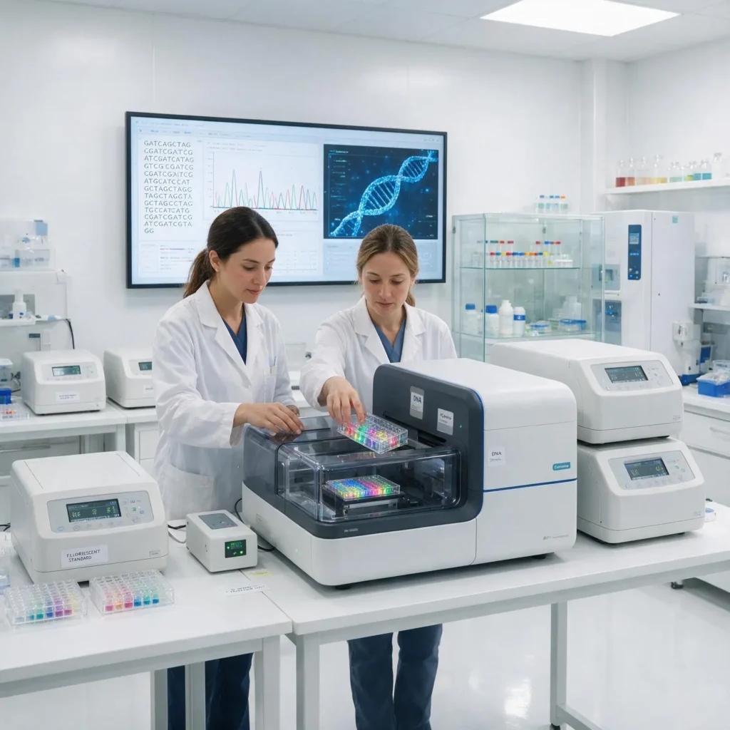 Laboratoire de génétique de CEFEGEN à Madrid avec des spécialistes réalisant des analyses d'ADN au moyen d'équipements de biologie moléculaire de haute précision.