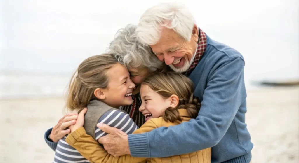 Abuelos abrazando a sus nietos, imagen representativa de la prueba de ADN entre abuelos y nietos de CEFEGEN.