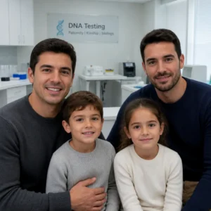 Dos tíos junto a un sobrino y una sobrina para ilustrar una prueba de ADN de parentesco realizada por CEFEGEN.